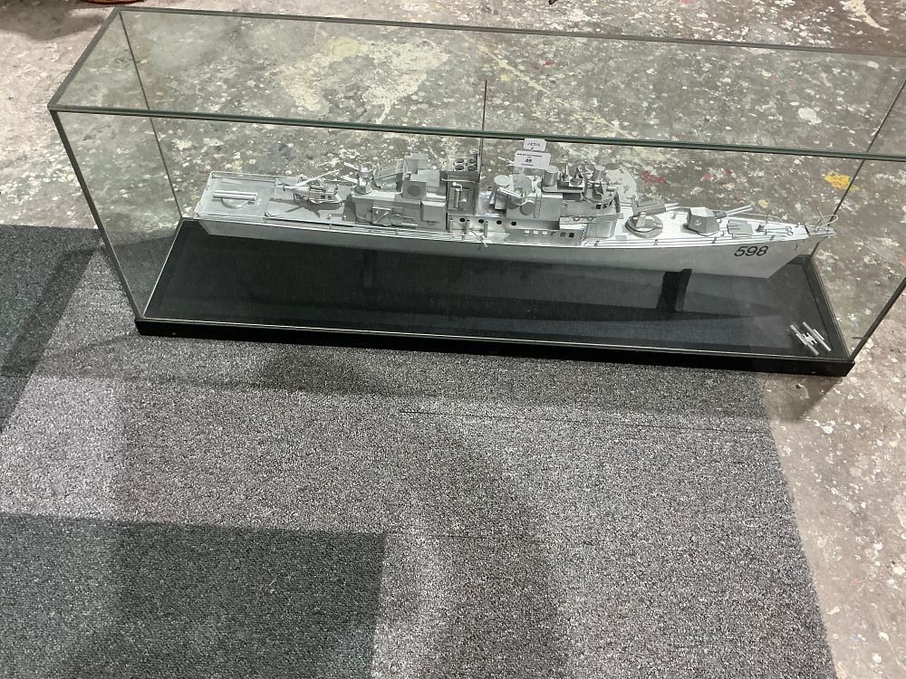 Lot 293: A Scale Metal Model of a Naval Destroyer Pennant Number 598 in Glass Display Case