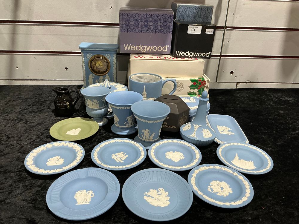 Lot 297: A Collection of Wedgwood Light Blue and Sage Green Jasperware Ceramics including a Mantel Clock and Commemorative Wares