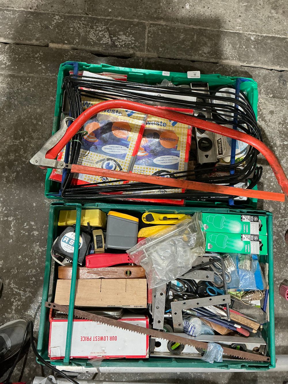 Lot 20: An Assortment of Hand Tools, Hardware, and Safety Equipment within Two Storage Crates