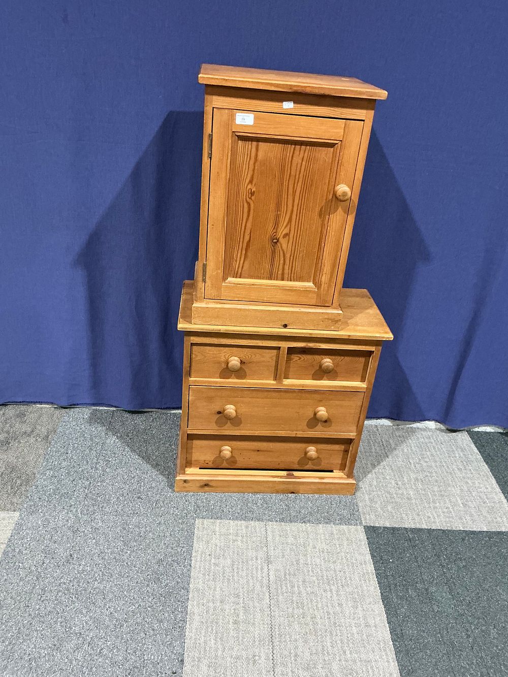 Lot 29: Contemporary Pine Storage Unit Comprising Small Cupboard and Pedestal Chest of Drawers