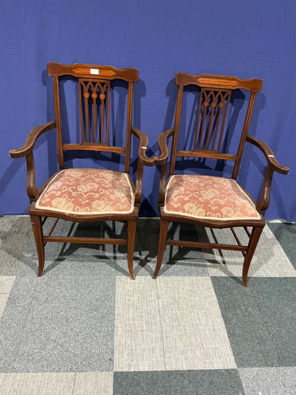Lot 49: A Pair of Edwardian Inlaid Mahogany Open Armchairs