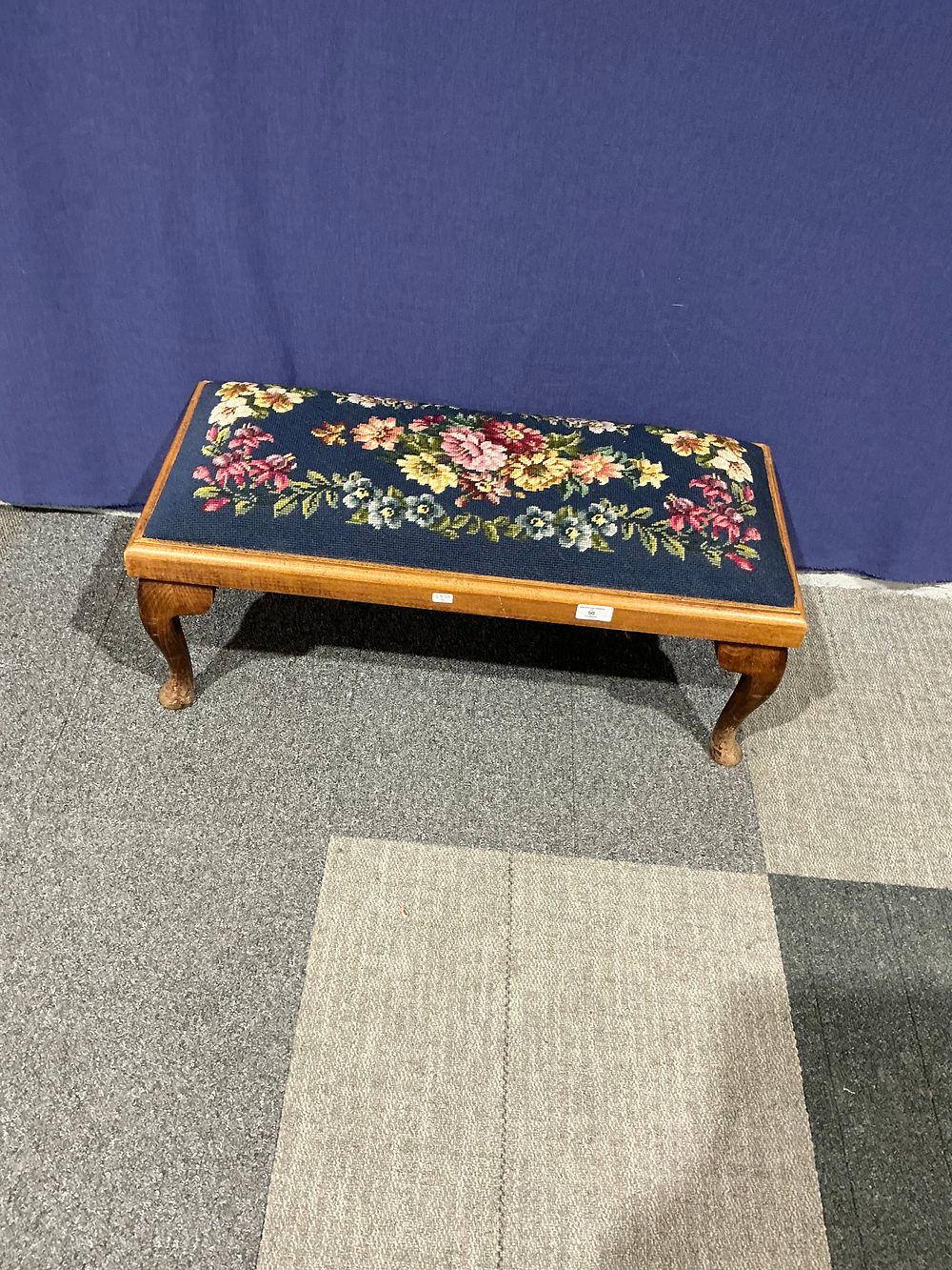 Lot 50: Mahogany Stained Long Footstool with Floral Needlepoint Upholstery