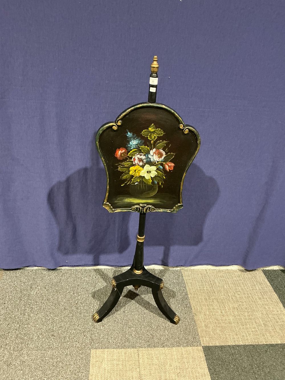 Lot 52: Victorian Hand-Painted Papier-Mâché and Lacquered Wood Pole Screen