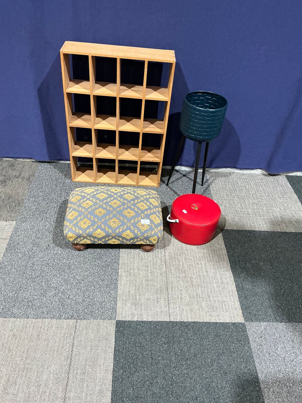 Lot 54: A Group of Modern Home Furnishings Including Shelving, Ottoman, and Decor