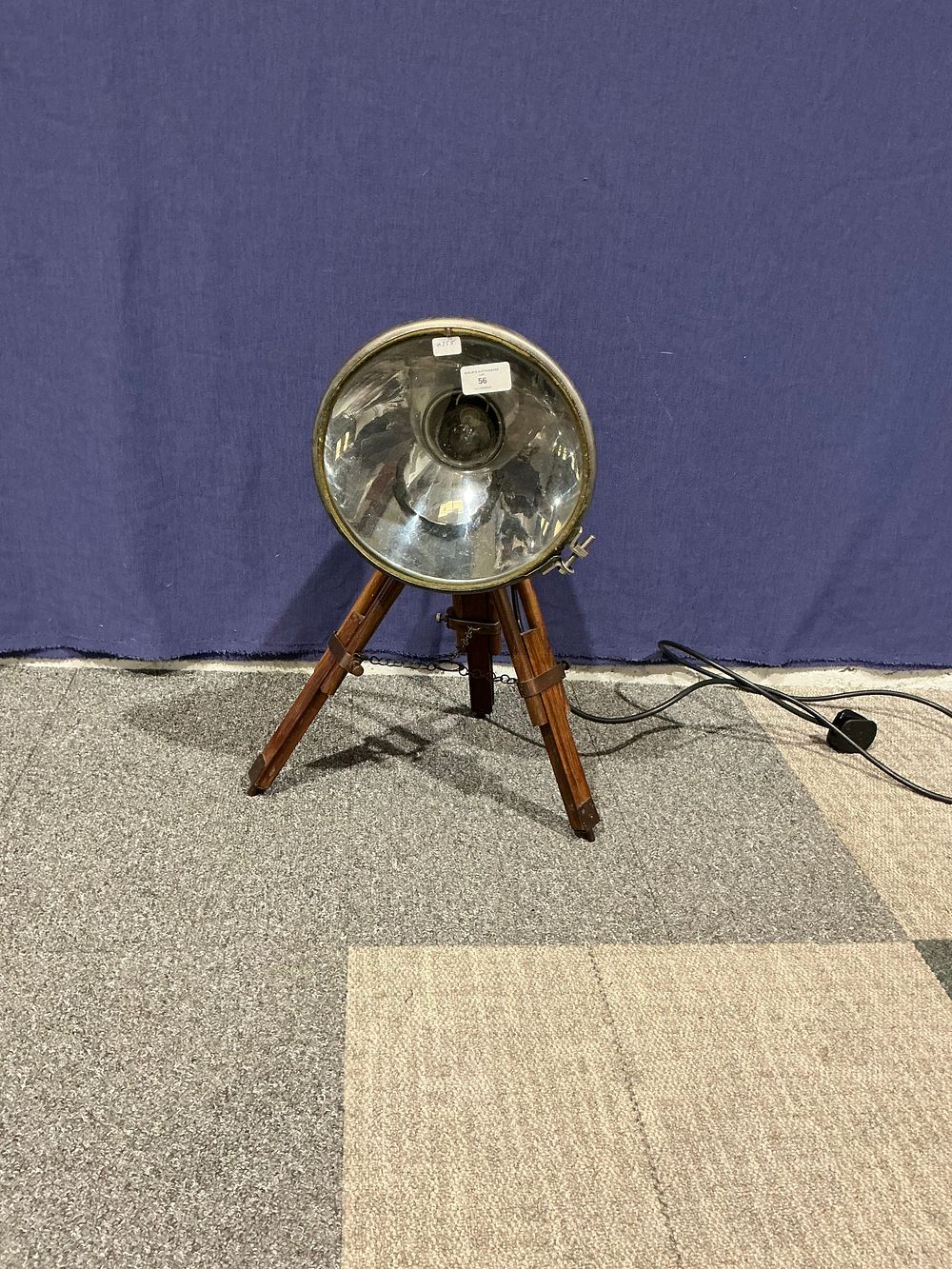 Lot 56: Contemporary Chrome and Wooden Tripod Searchlight Style Floor Lamp