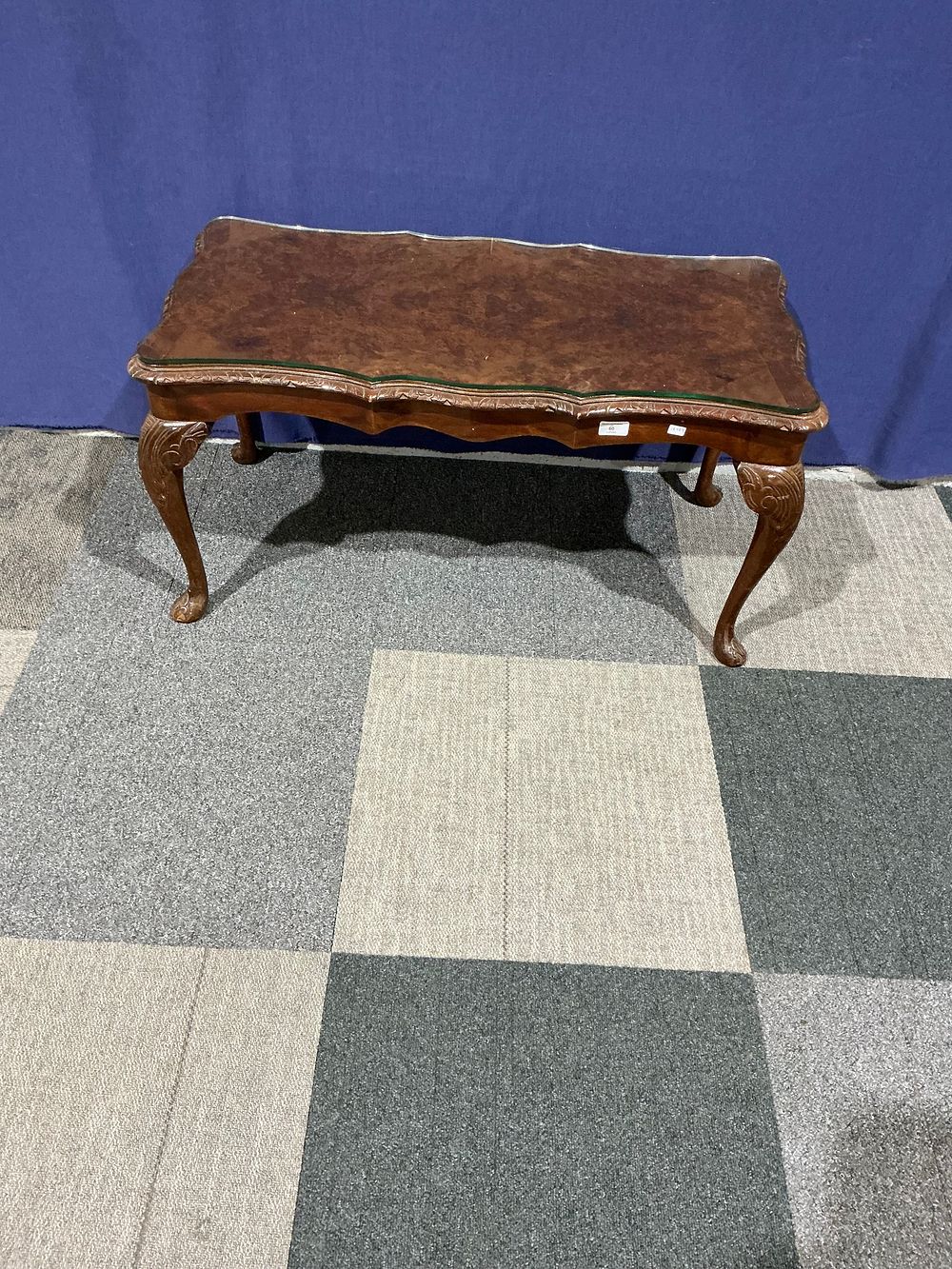 Lot 60: Queen Anne Style Burr Walnut Coffee Table with Glass Top