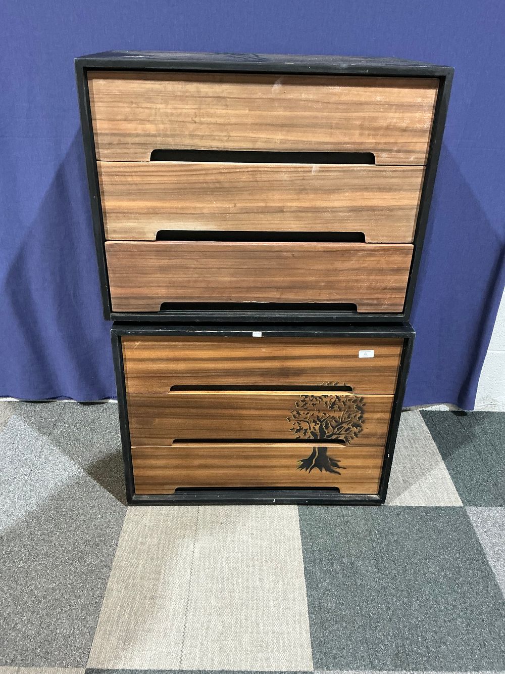 Lot 65: A Pair of Contemporary Wooden Three-Drawer Storage Units with Tree Motif stag