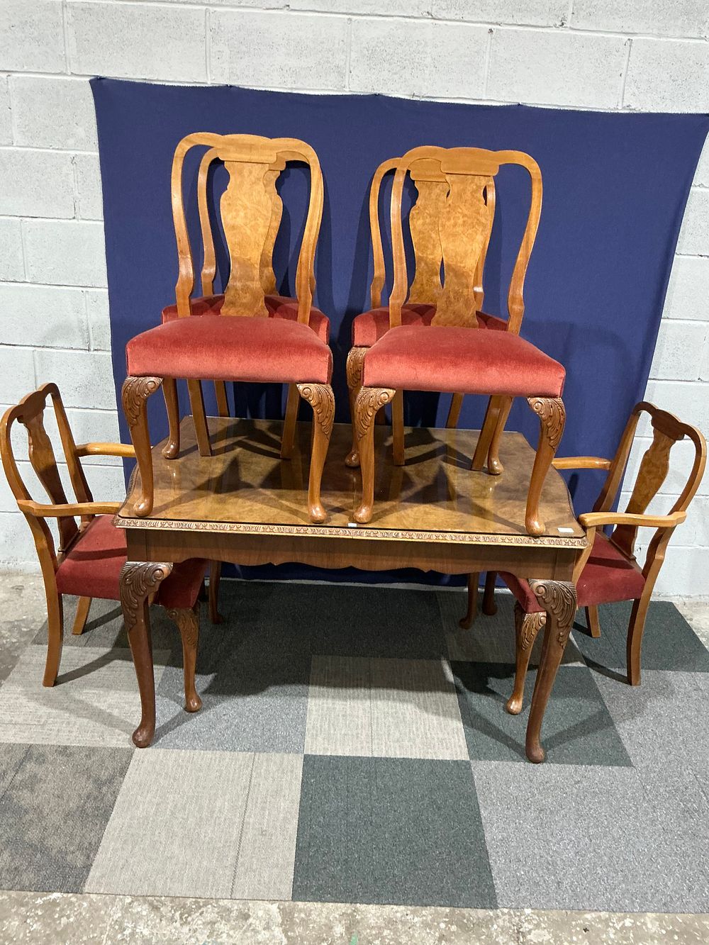 Lot 81: Queen Anne Revival Burr Walnut Dining Suite Comprising Extending Table and Set of Chairs