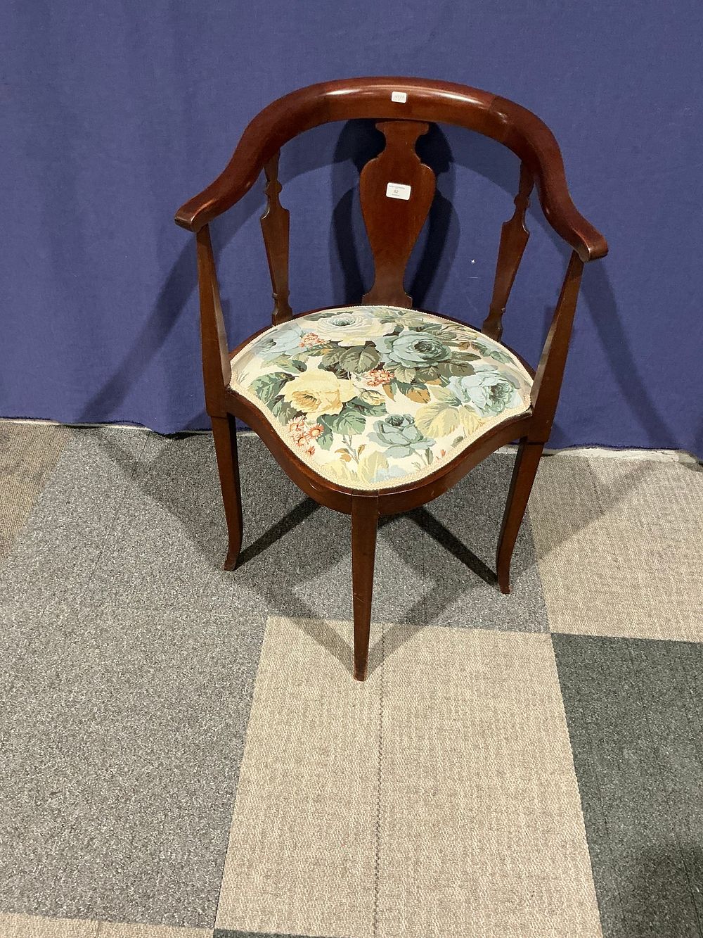 Lot 82: Georgian Revival Hardwood Corner Armchair with Floral Tapestry Seat
