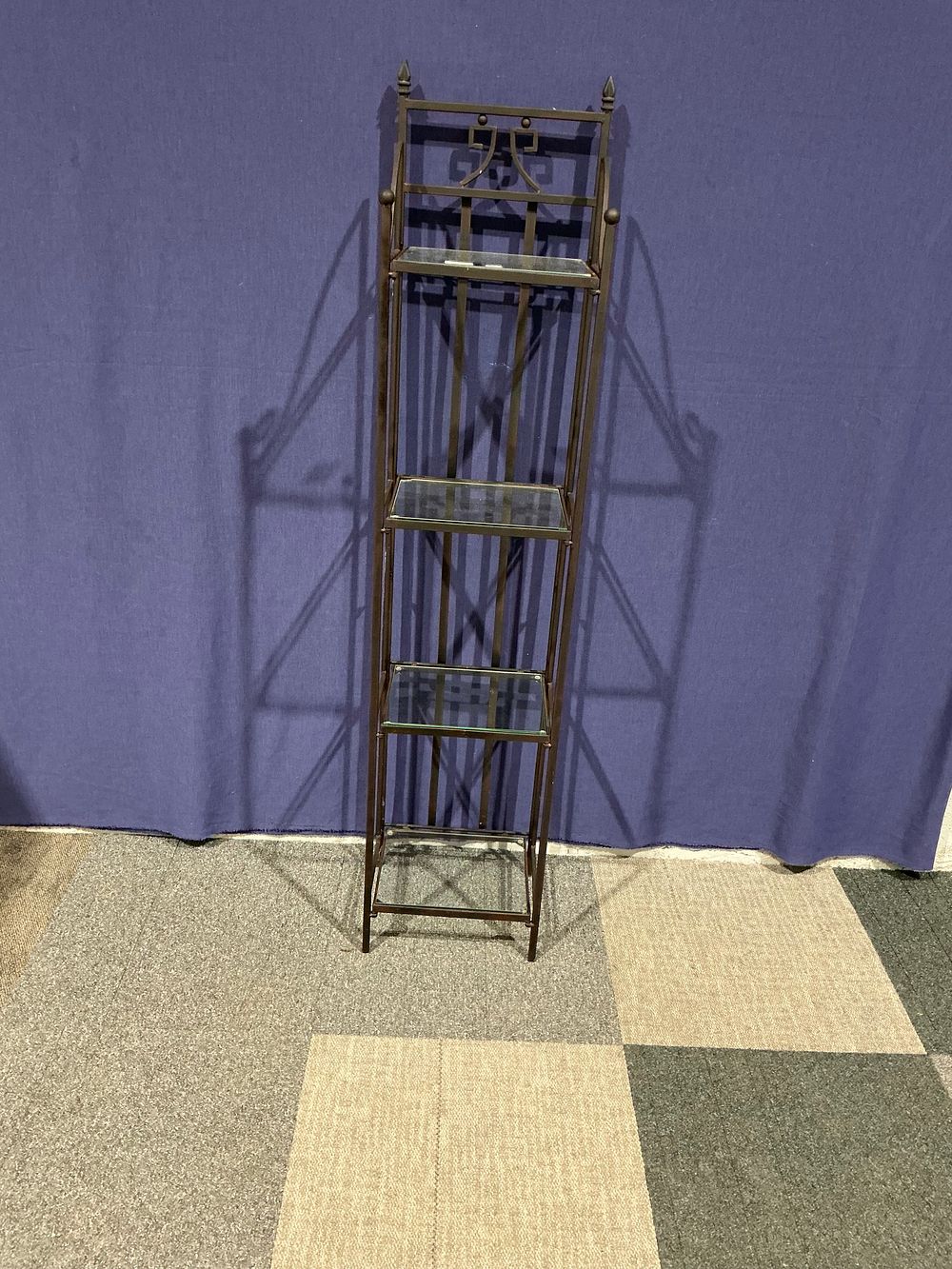 Lot 88: Modern Patinated Metal and Glass Four-Tier Etagere Shelving Unit