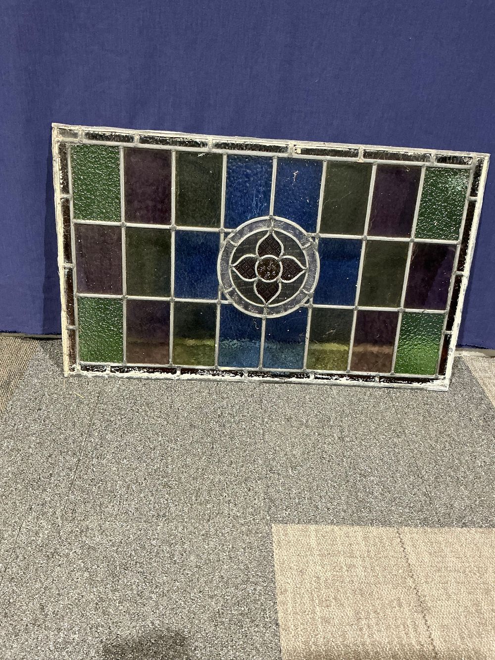 Lot 94: Arts & Crafts Leaded Stained Glass Window Panel with Central Rosette Motif