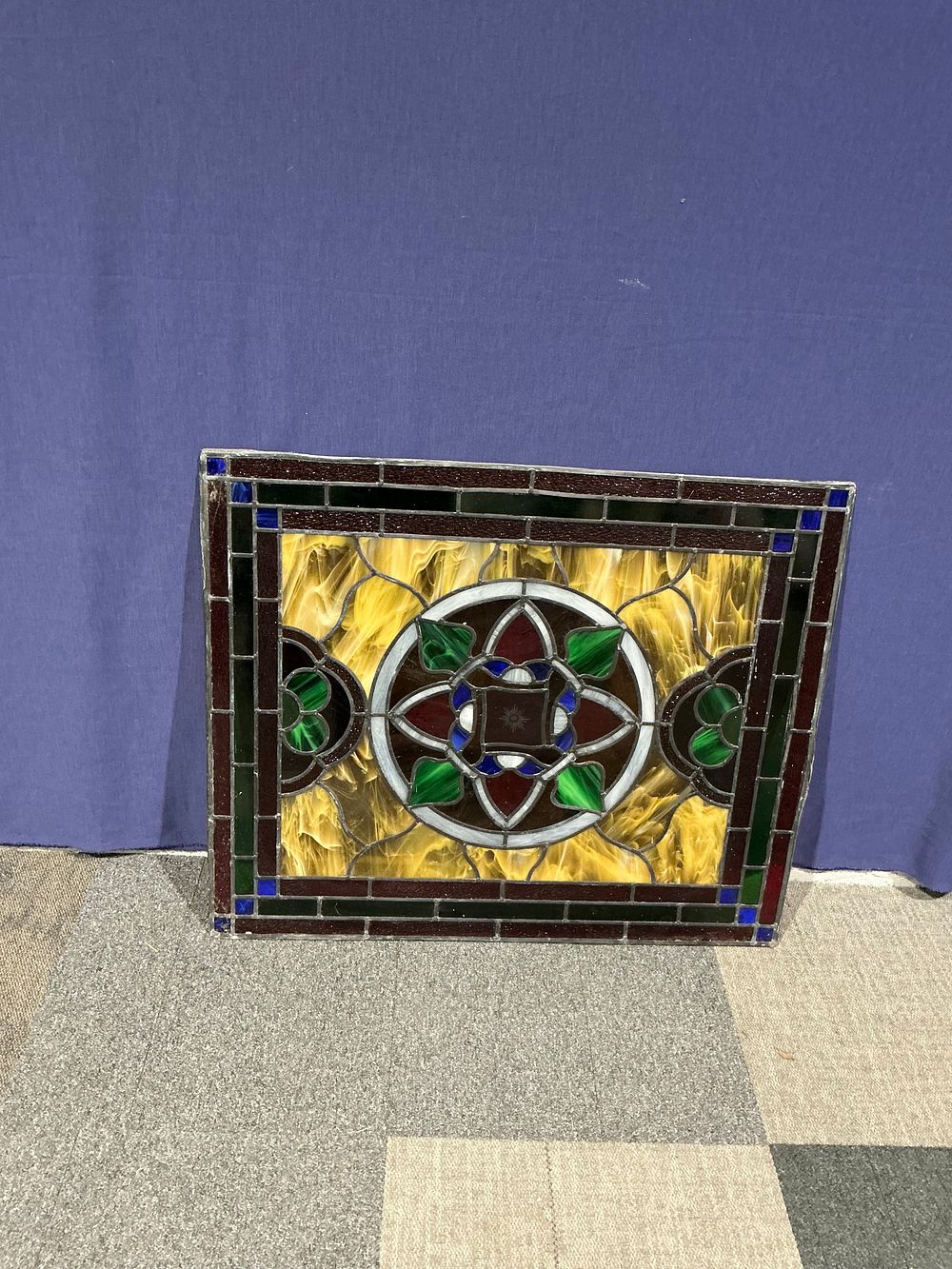Lot 95: Leaded and Stained Glass Window Panel with Floral Rosette Medallion