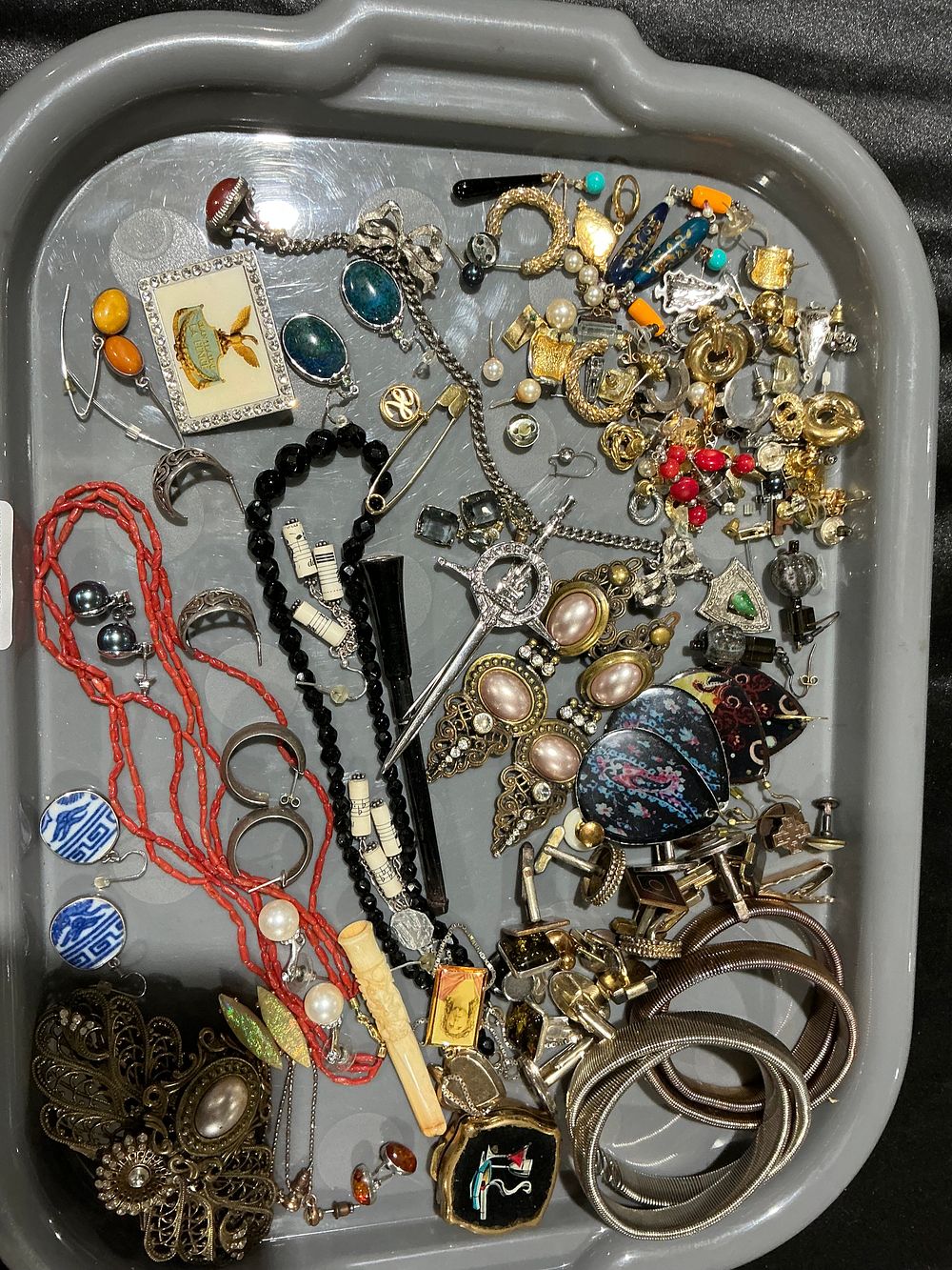 Lot 134: An Assortment of Vintage Costume Jewellery Including Branch Coral and Enamel and silver earrings