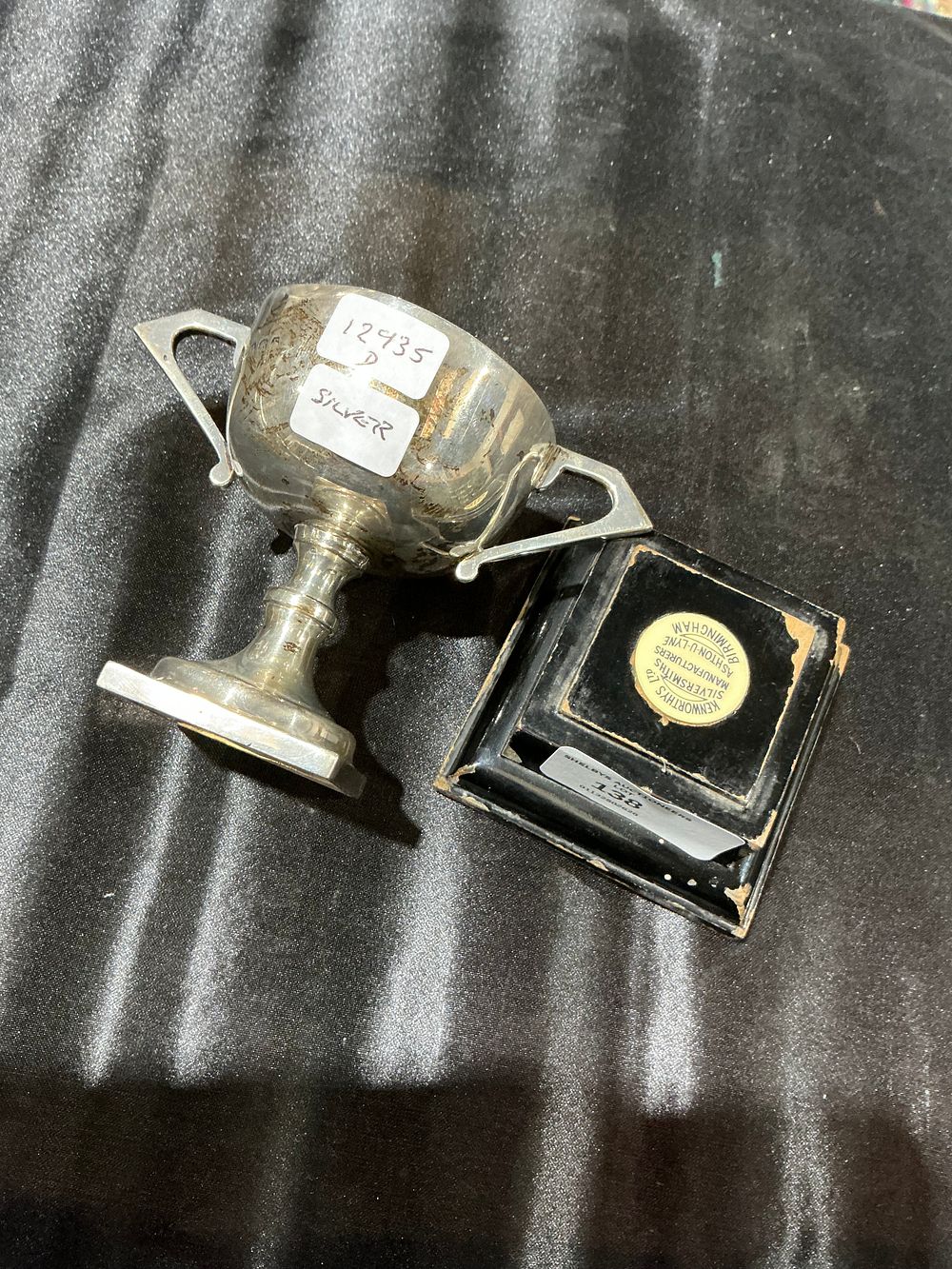 Lot 138: Sterling Silver Two-Handled Trophy Cup with Wooden Plinth 70 gram silver not including plinth