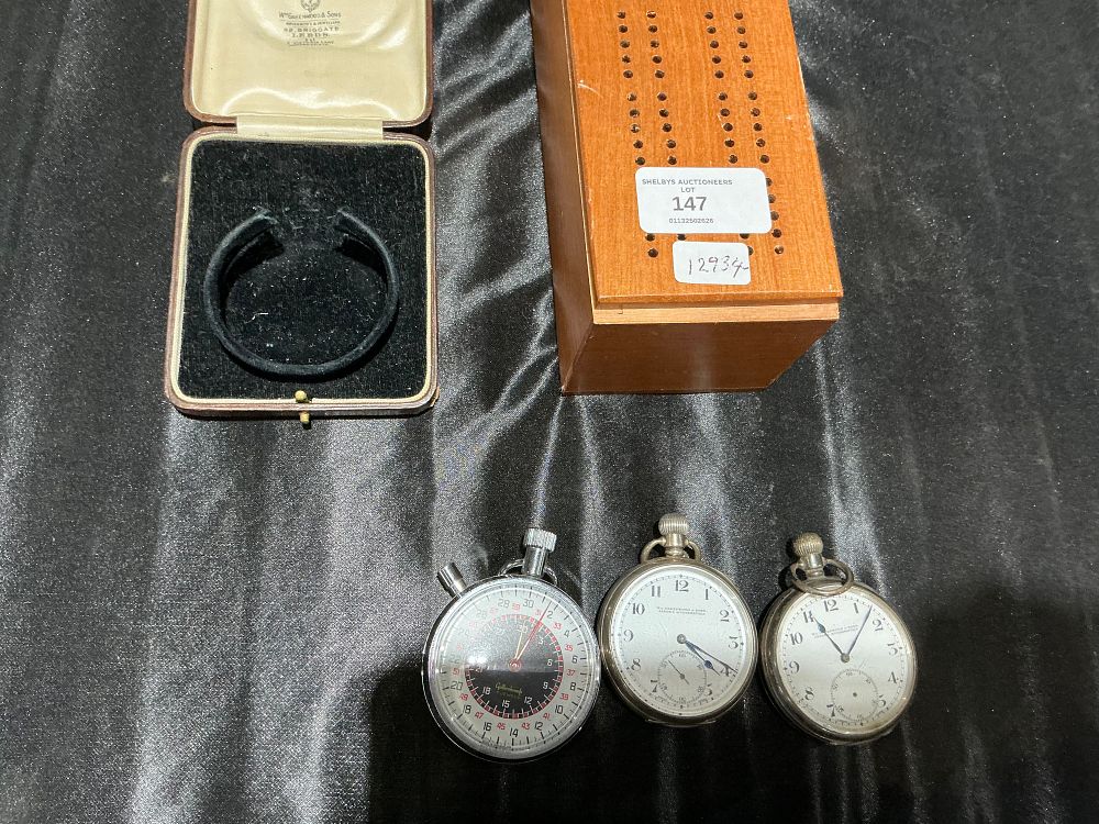 Lot 147: A Pair of W. Greenwood & Sons Sterling Silver Pocket Watches and a Gallenkamp Stopwatch