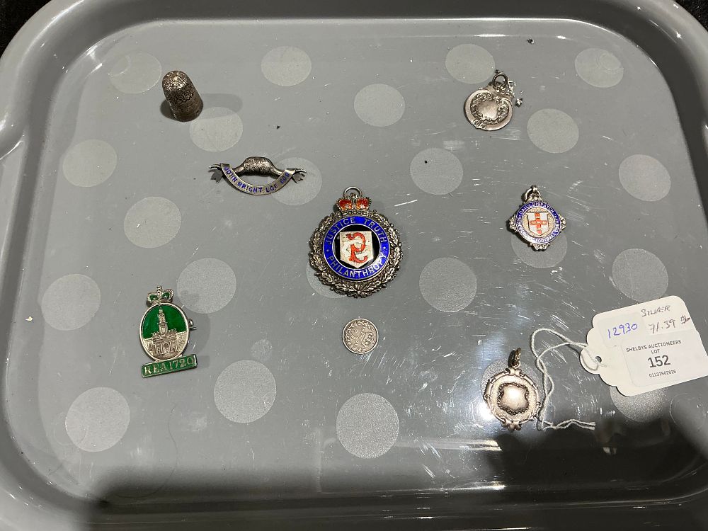 Lot 152: A Collection of Silver and Enamel Masonic and Commemorative Medals, Fobs, and Items 71 .51 grams total weight
