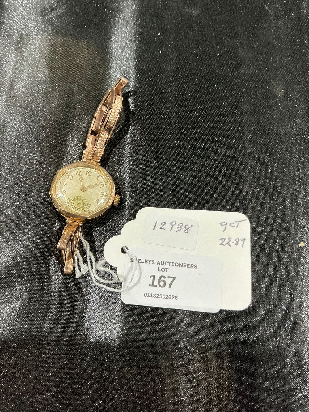 Lot 167: Ladies 9 Carat Gold Mechanical Wristwatch with Engraved Bracelet 22.89 gram total weight