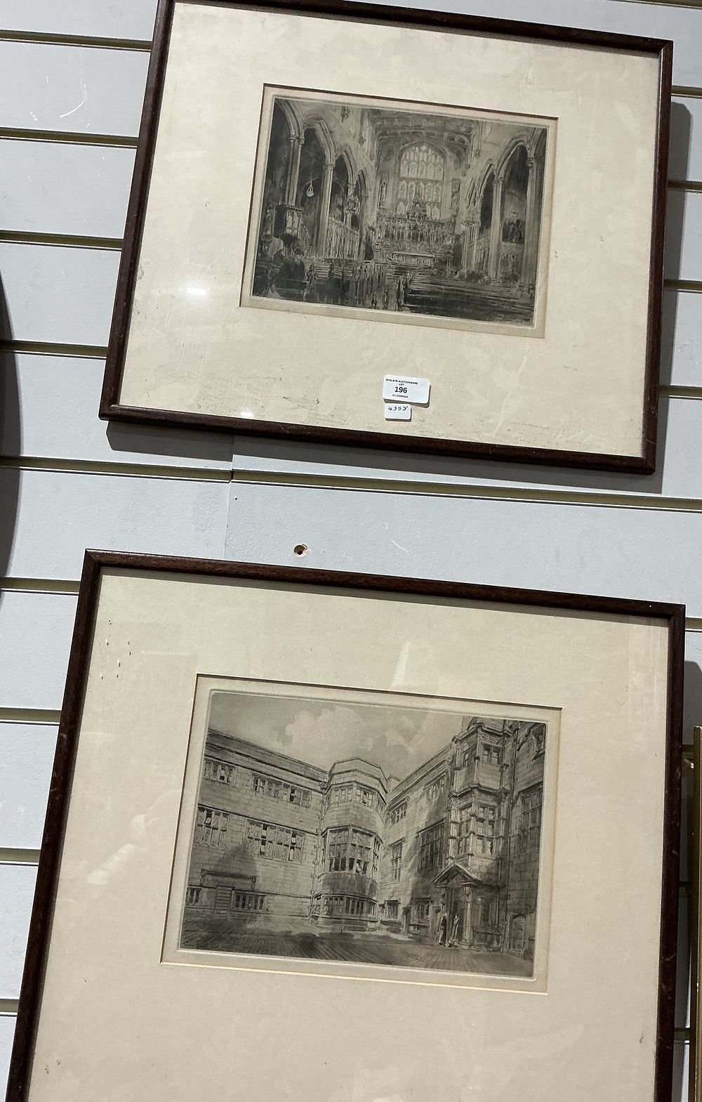 Lot 196: A Pair of Framed Architectural Studies of an Ecclesiastical Interior and Tudor Manor Courtyard