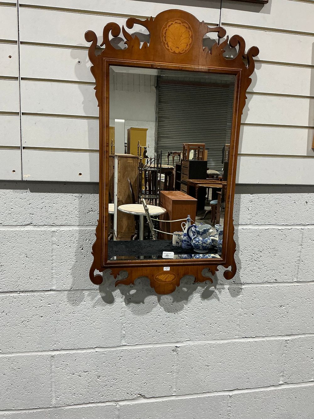 Lot 202: Georgian Style Mahogany Fret-Cut Wall Mirror with Shell Marquetry