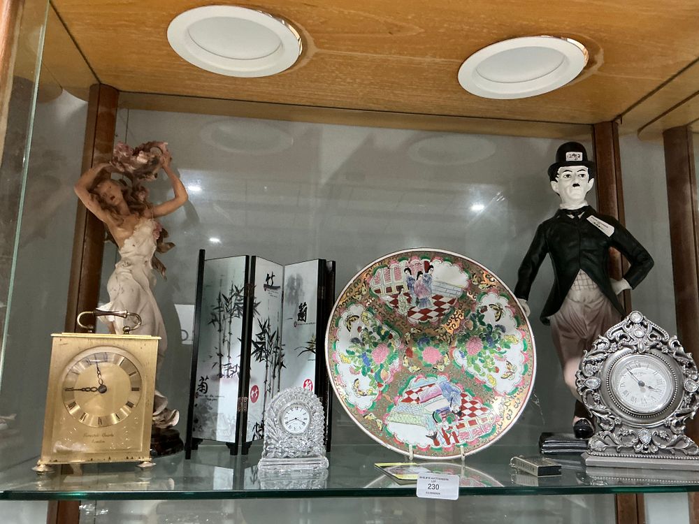 Lot 230: A Group of Assorted Mantle Clocks, Figurines, and an Export Porcelain Plate