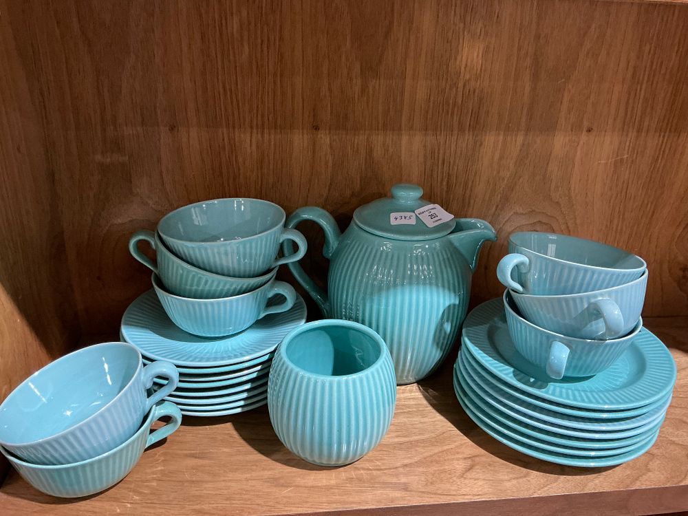 Lot 253: A Collection of Søholm Denmark Erika Pattern Turquoise Glazed Ceramic Tea and Coffee Ware