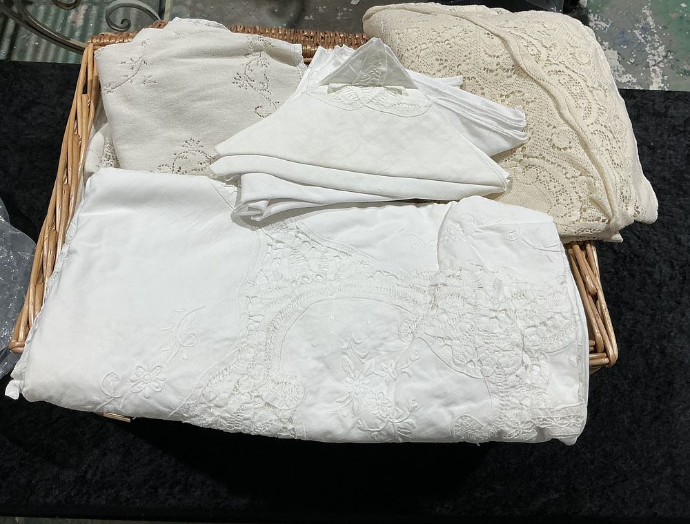 Lot 263: A Collection of Vintage White and Cream Embroidered Linens and Lace Textiles
