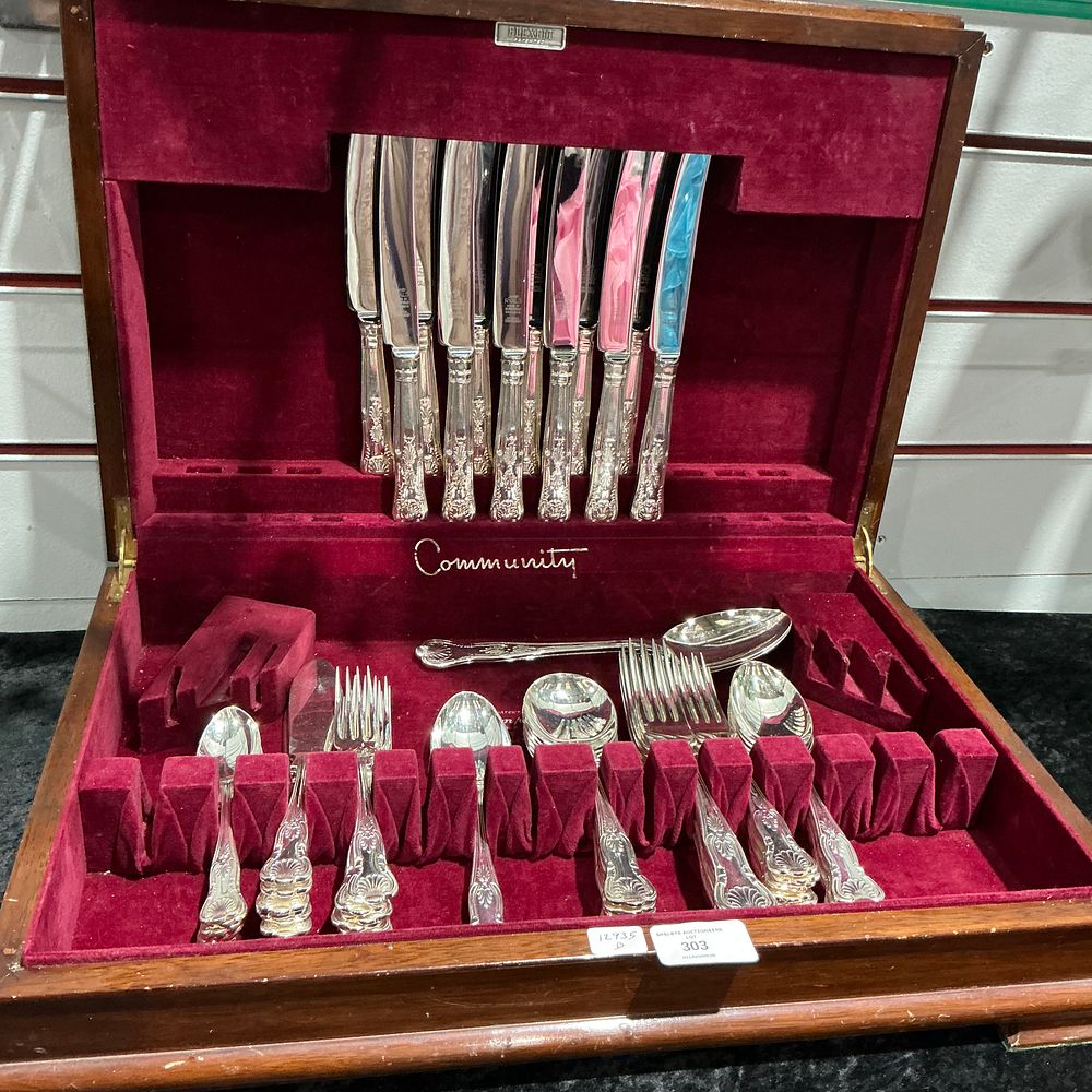 Lot 303: Community Coronation Pattern Silver Plated Flatware Service in Fitted Canteen