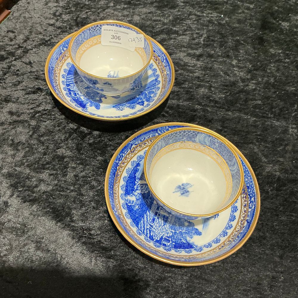 Lot 306: A Pair of Chinoiserie Blue and White Transfer Printed Porcelain Tea Bowls and Saucers