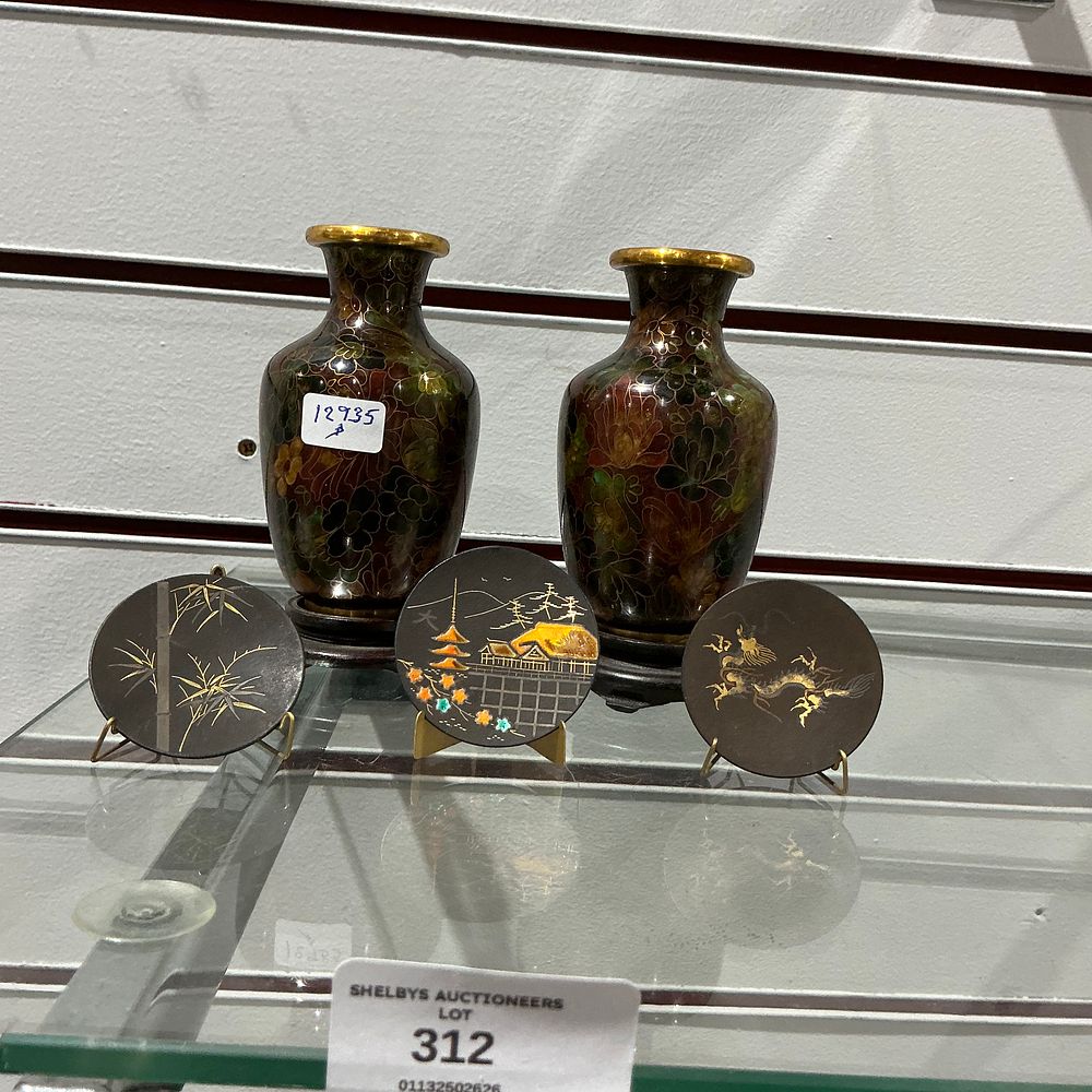 Lot 312: A group of Japanese cloisonné enamel vases and damascene miniature plates, Meiji to Taisho period