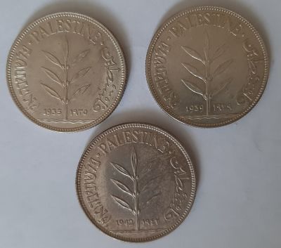 מטבעות כסף, מנדט בריטי בארץ ישראל, 100 מיל מהשנים 1935, 1942 ,1939 במצב UNC חדשים.