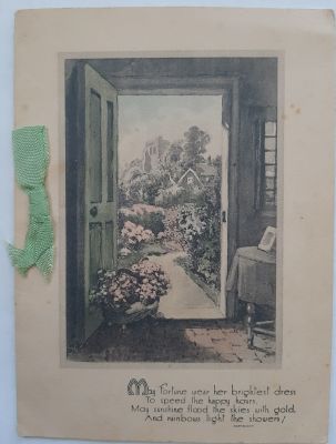 כרטיס שנה טובה מוקדם (לא מתוארך) כנראה סביבות 1940. כרטיס נפתח. הדפסה בפנים הכרטיס בעברית 