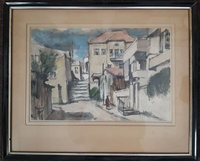 יהודה רודן - רחוב בצפת אקוורל. נתון במסגרת. גודל הציור 45X30 ס"מ. 