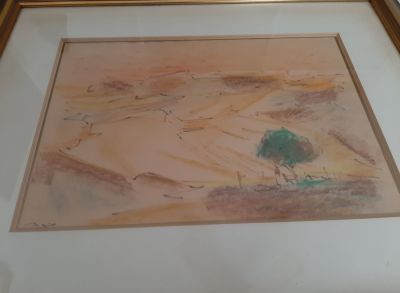 אליהו סיגד (1901-1975). גירי שמן (פסטל) נוף עם עץ. חתום וממוסגר. מידות 36X26 ס"מ.