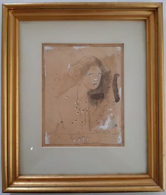 מיכאל אייזמן - דמות אישה 1977 . טכניקה מעורבת. גודל כ 15X19 ס"מ ללא המסגרת. נתון במסגרת. חתום 