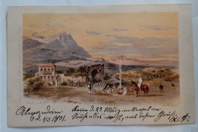 גלויה מוקדמת ליטוגרפית משנת 1901 נוף יריחו. נשלחה מאלכסנדריה מצרים. מבויילת.