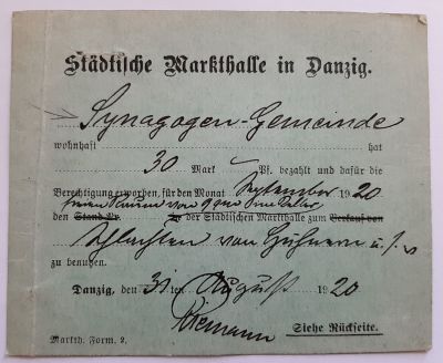כרטיס מקהילת בית הכנסת בדנציג גרמניה משנת 1920. כתב יד וחתום.