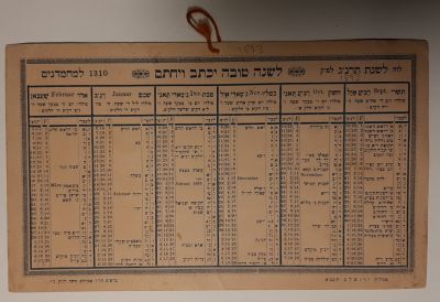 לוח שנה מוקדם מאד ירושלמי לשנת תרנ"ג 1893. מודפס על קרטון דו צדדי לתליה כל צד שישה חודשים. 