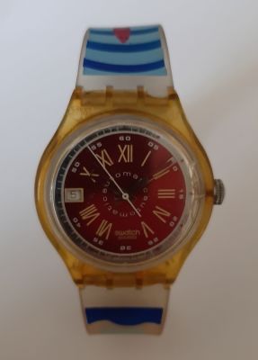 שעון SWATCH קוורץ. לוח מעט סדוק בשוליים. קוטר 37 מ"מ. כנראה נדרש להחליף סוללה.