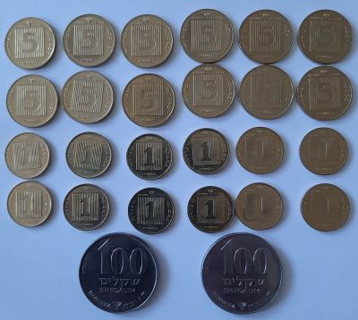 לוט 26 מטבעות חנוכה. מטבעות אגורה שנת תשנ"א 12 יחידות UNC , מטבע 5 אגורת שנת תשנ"א 12 יחידות 