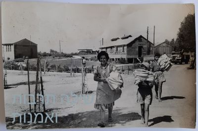 צילום - מעברה כרכור, 1950 לערך. הצלם דר' מירוביץ - פוטו אמקה ירושלים. אם וילדיה מובילים כביסה. 