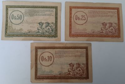 3 שטרות אמצעי תשלום ברכבת בשטח הכבוש לאחר מלחמת העולם הראשונה סביבות שנת 1920, כתוב בצרפתית 