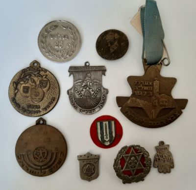 לוט של 10 סמלים כולל זבוטינסקי, מדליונים וכו' ישראלים שונים חלקם מוקדמים. מצבים שונים.