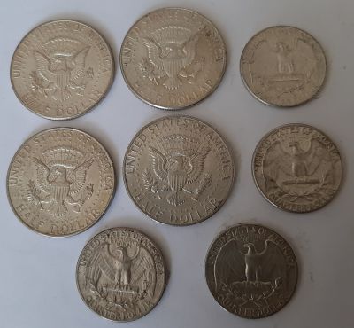 לוט של 8 מטבעות כסף 900, ארה"ב AMERICAN silver coins . משקל 75 גרם. 4 מטבעות חצי דולר + 4 