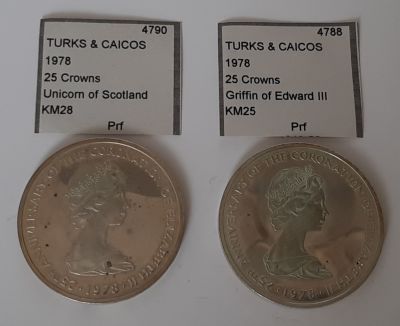 TURKS &amp; CAICIS SILVER COINS , לוט 2 מטבעות כסף גדולים ונדירים - 25 כתרים CROWNS, במשקל של כ 