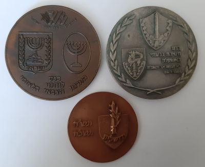 לוט 3 מדליות. כנס לוחמי האצ"ל קוטר 59 מ"מ, כנס חטיבת גבעתי קוטר 60 מ"מ, כנס עציוני קוטר 45 