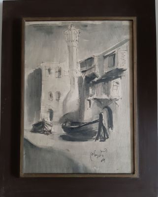 הרמן רוזנבלום ? - סצנת רחוב ציור אקוורל. ממוסגר מחופה בזכוכית. גודל ציור 