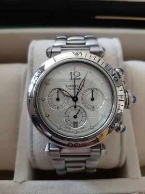 שעון קרטייה CARTIER PASHA CHRONOGRAPH אוטומט , גב שקוף כך שניתן לצפות במנגנון. קוטר 38 מ"מ. 
