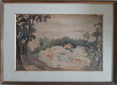 מיליה לאופר - אקוורל , חתום, נוף. גודל 44X28 ס"מ, גודל מסגרת 56X41 ס"מ.