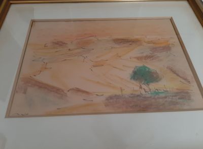 אליהו סיגד (1901-1975). גירי שמן (פסטל) נוף עם עץ. חתום וממוסגר. מידות 36X26 ס"מ.