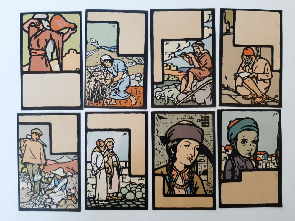לוט הכולל 8 גלויות צבעוניות שונות. ציורים של מאיר גור אריה אמן בצלאל.
